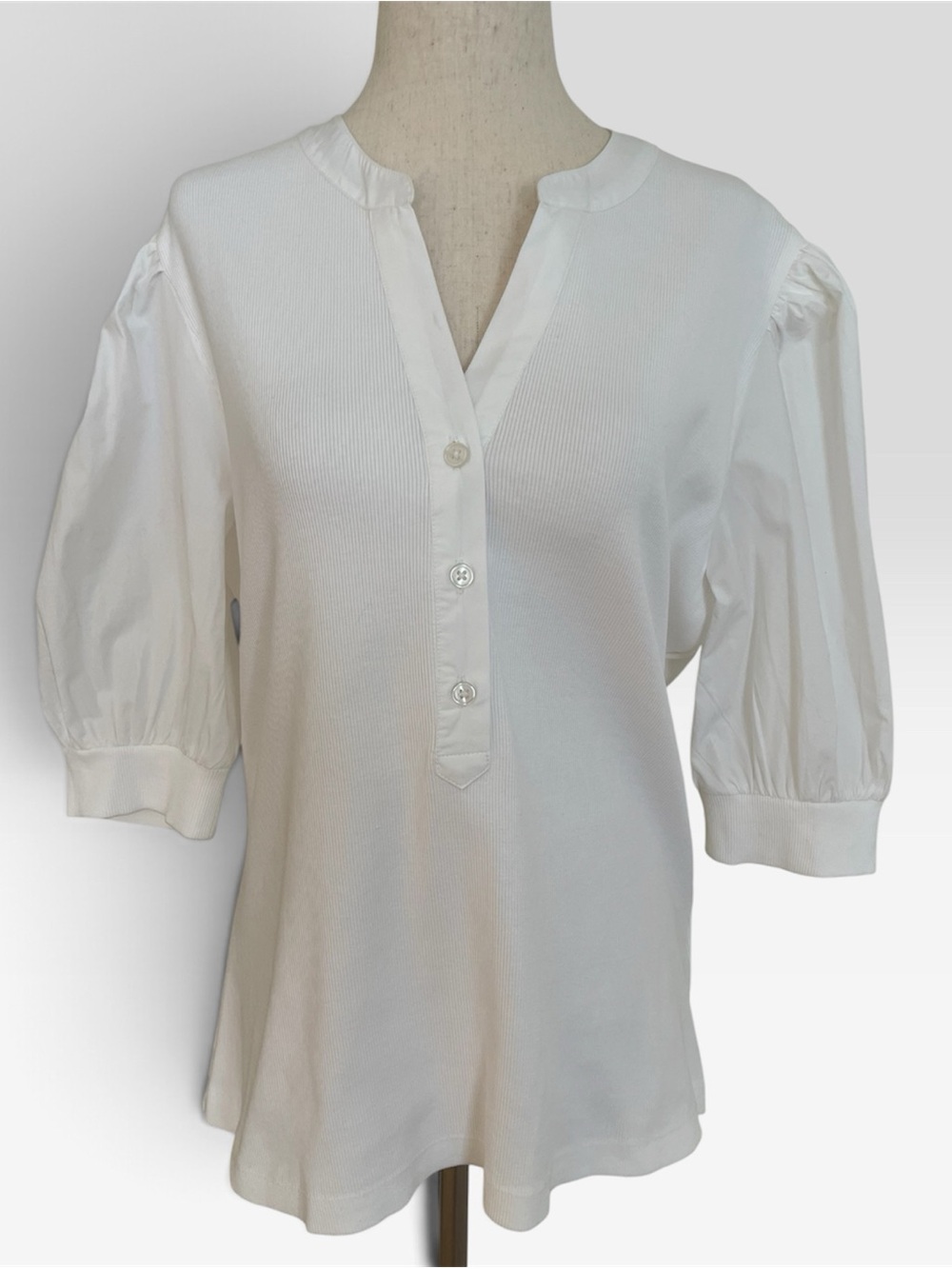 Quince Mixed Media Puff Sleeve Ribbed Cotton Top L White